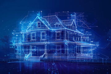 Silhouette of a country house in wireframe style against a dark blue background, emphasizing architectural elegance and simplicity