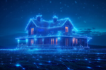 Silhouette of a country house in wireframe style against a dark blue background, emphasizing architectural elegance and simplicity