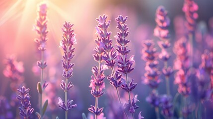 Obraz premium A field of purple lavender flowers with the sun shining on them