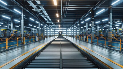 Obraz premium Smart factory setting with empty conveyor belts, illustrating modern industrial automation and production efficiency, raw style