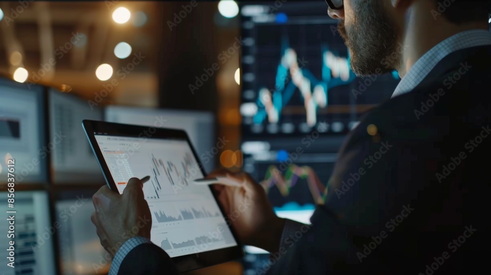 Poster a businessman analyzing stock market data on a digital tablet in a modern office setting.