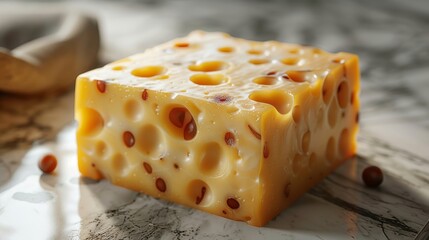 A cube of Swiss cheese with embedded nuts on a marble countertop, reflecting gourmet and artisanal food concepts