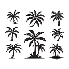 Black palm trees set isolated on white background. Palm silhouettes. Design of palm trees for posters, banners and promotional items. Vector illustration