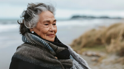 Elderly Maori Woman Enjoying a Beach Walk in Winter