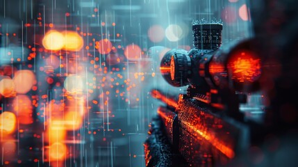 A digital composite of a sniper rifle's scope with glowing red elements, overlayed with data stream lines suggesting futuristic targeting technology