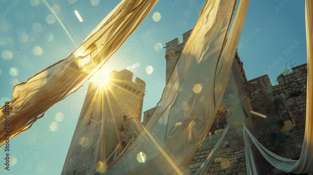 Poster the fabric on the drawbridge blowing in unison creating a symphony of motion against the backdrop of