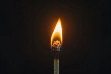 A single lit matchstick on a black background, ideal for use in designs about darkness, light, or contrast