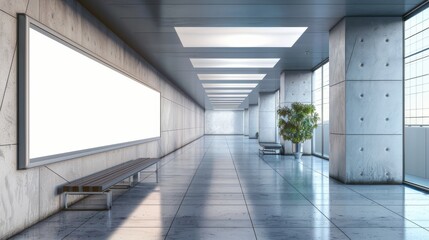 Obraz premium A spacious and modern shopping mall interior with an empty corridor and a large blank billboard