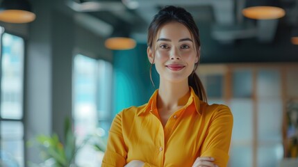 A woman stands with her arms crossed wearing a bright yellow shirt, perfect for adding to your collection of everyday moments