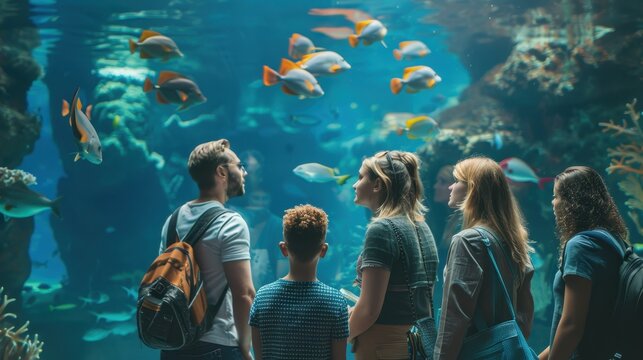 A family looks in awe at a large aquarium filled with colorful tropical fish