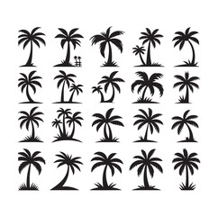 Black palm trees set isolated on white background. Palm silhouettes. Design of palm trees for posters, banners and promotional items. Vector illustration