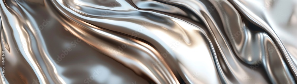 Poster abstract metallic liquid surface with smooth, shiny reflections and flowing shapes, creating a futur