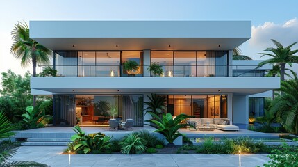 A sophisticated contemporary house with an illuminated pool during the early evening and lush green surroundings