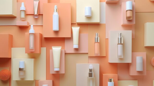 A contemporary flat lay of beauty products arranged on a coral background, emphasizing bold colors and geometric shapes