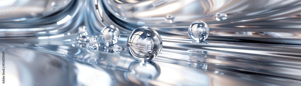 Poster abstract silver liquid surface with floating transparent bubbles, creating a sleek and futuristic ae