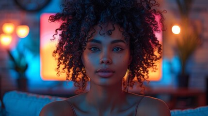 Striking three-dimensional rendering of an animated female character with intricate facial details and colorful background lighting