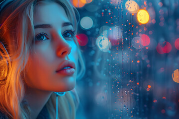 A photo of a cute girl model wearing headphones, featuring a bokeh effect and a cyberpunk style