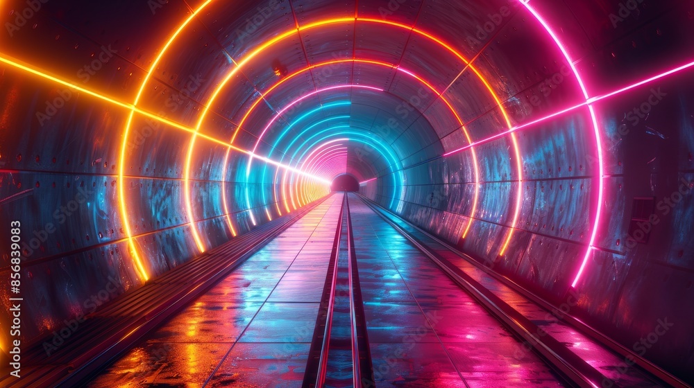 Aufkleber a visually striking image featuring a tunnel illuminated with neon lights in pink and blue, creating