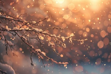 A tree branch covered in snow against a blurry winter landscape