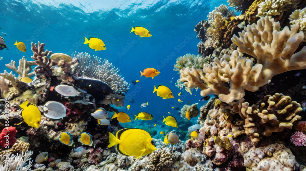 Wall mural A school of fish swims in a coral reef