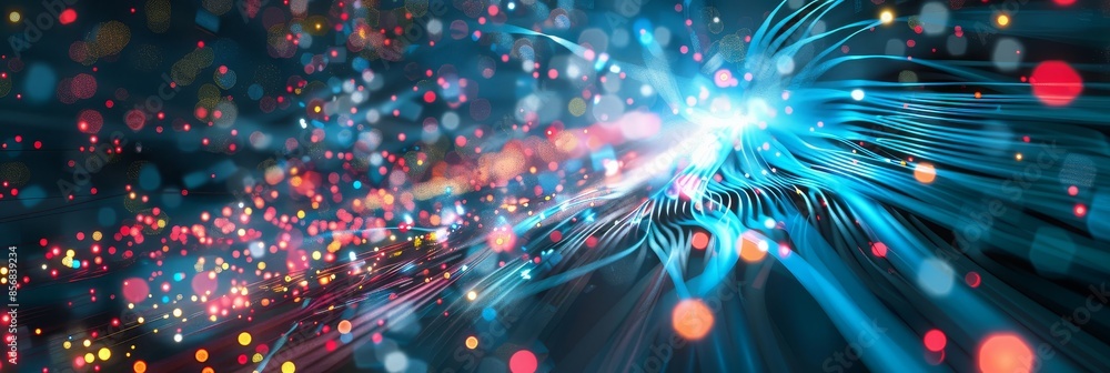 Poster abstract blue and red light trails with blurred bokeh - a digital rendering of flowing blue lines wi