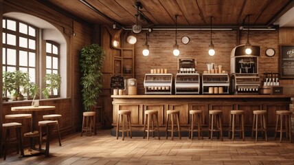 Fototapeta premium Interior design of cafe with wooden vintage style, decorated with warm and cozy tones, relaxing tones with classic old wood round corner counter and coffee machinery
