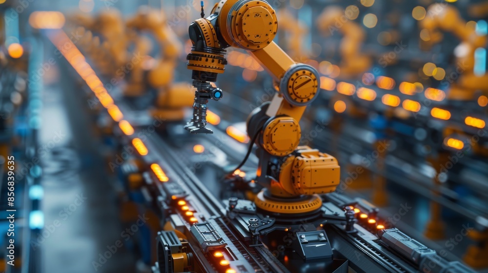 Poster a robotic arm with intricate engineering details is pictured on a production line, implying automati