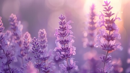 Fototapeta premium A bunch of purple flowers with a bright sun in the background