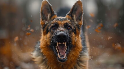 Close-up shot of a German Shepherd dog with an open mouth, as if barking or panting, with water droplets mid-air