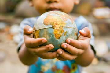 Small boy holding a globe