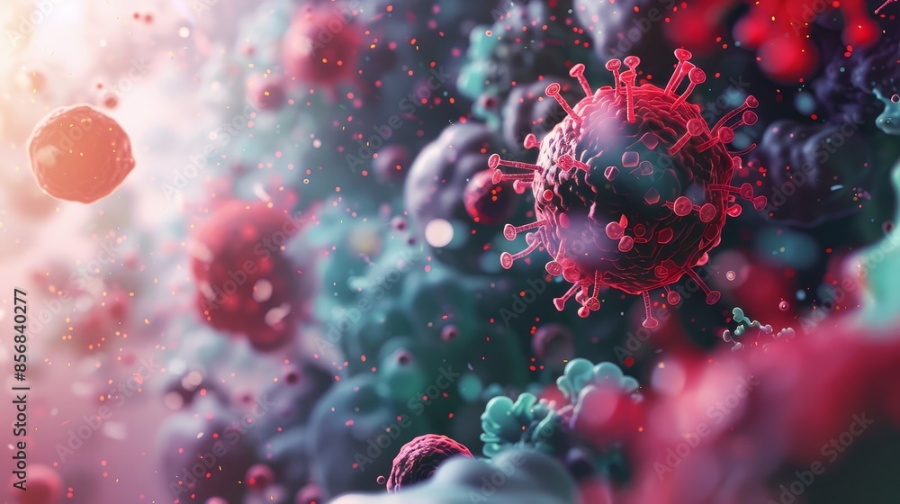 Poster microscopic view of a virus - a 3d rendering of a virus with spikes, surrounded by other particles, 