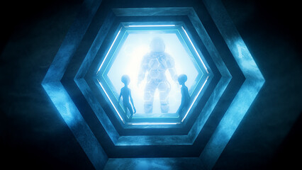 A dark Sci Fi interior with two grey aliens watching a trapped astronaut stood in an observation...