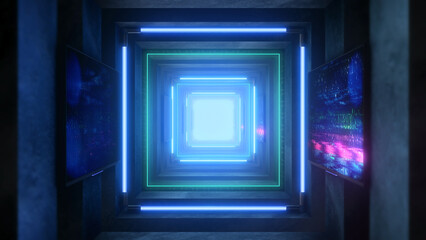 Fototapeta premium Inside an endless Sci-Fi style dark tunnel of square stone extrusions lit and edged with neon strip lights.