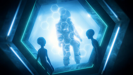 A dark Sci Fi interior with two grey aliens watching a trapped astronaut stood in an observation...