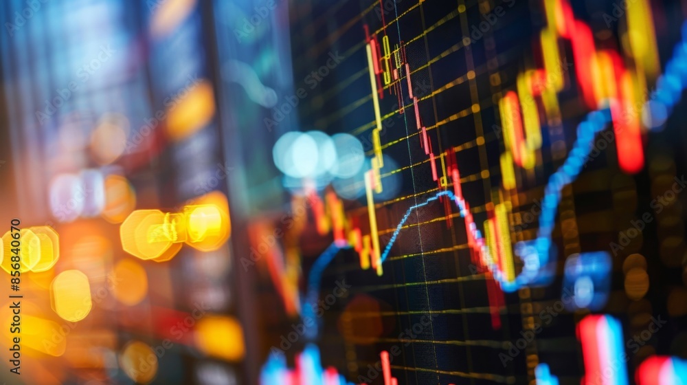 Poster a close-up of a stock market trading screen displaying fluctuating graphs and charts of various stoc