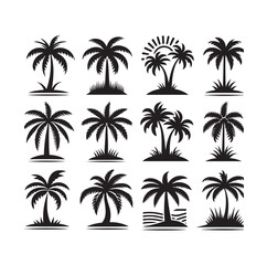 Black palm trees set isolated on white background. Palm silhouettes. Design of palm trees for posters, banners and promotional items. Vector illustration
