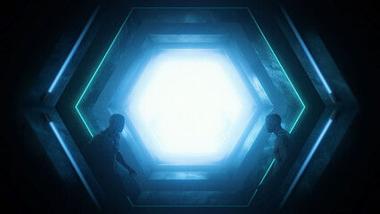 Travelling along endless Sci-Fi style dark tunnel of hexagonal stone extrusions lit and edged with...