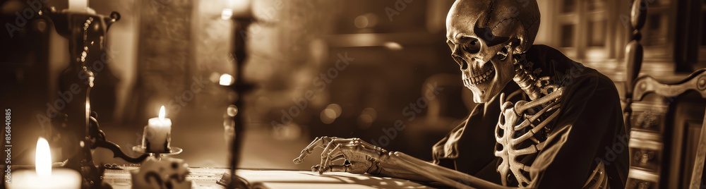 Poster skeleton reading a book by candlelight - a skeleton sits by a candlelit table reading a book in a di