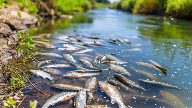 Dead Fish in Contaminated River Water