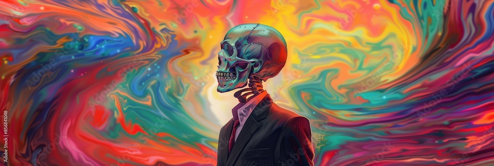 Aufkleber surreal skull in suit against a psychedelic background - a 3d rendered skull in a suit stands agains