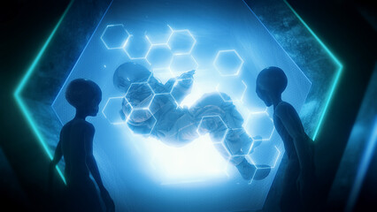 A dark Sci Fi interior with two grey aliens watching a trapped astronaut floating in an observation...