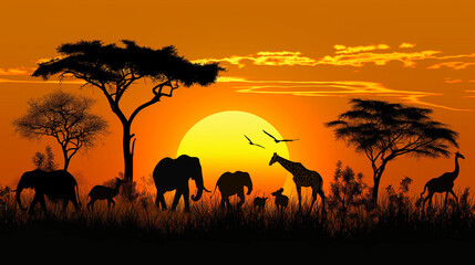 Fototapeta premium silhouette of African wildlives in sunset 