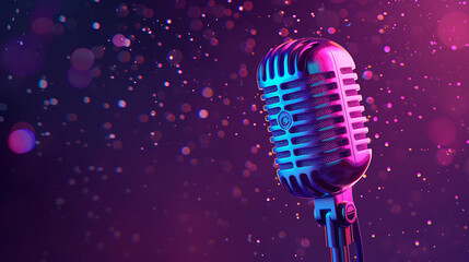 A isolated microphone on colorfull background with copy space . Open mic poster disco party. 