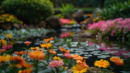 A garden with a stream of water and a variety of flowers, including pink