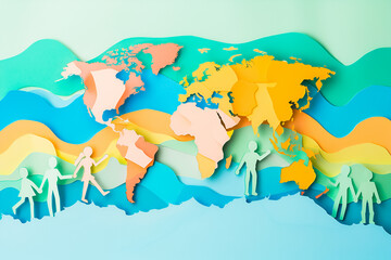Colorful world map in paper cut style with people