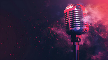 A isolated microphone on colorfull background with copy space . Open mic poster disco party. 