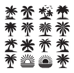 Black palm trees set isolated on white background. Palm silhouettes. Design of palm trees for posters, banners and promotional items. Vector illustration