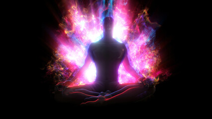 A silhouetted figure sat in a mediation lotus pose, surrounded with pulsating flowing light energy.