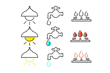 電気・水道・ガスを表す線画アイコンセット