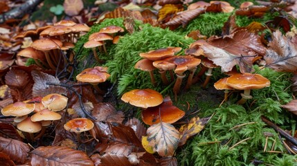 Fototapeta premium A cluster of wild mushrooms growing on a forest floor, surrounded by fallen leaves and moss